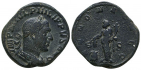 Philip I. AD 244-249. Æ Sestertius. Rome mint, 5th officina. 3rd emission, AD 246-24. IMP M IVL PHILIPPVS AVG, laureate, draped, and cuirassed bust ri...