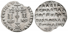 Basil II Bulgaroctonos (AD 976-1025), with Constantine VIII. AR miliaresion
Constantinople, AD 989-1025. ЄΠ TOV TωNICAT' bASILЄIC CωhST', ornamented c...