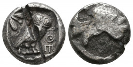 ATTICA. Athens. Circa 454-404 BC.AR Drachm ?

Obverse : Helmeted head of Athena right
Reverse : AΘE; owl standing right, head facing; olive sprig and ...