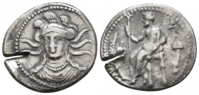 CILICIA, Soloi. Balakros. Satrap of Cilicia, 333-323 BC. AR Stater. 
Baal of Tarsos seated left, holding lotus-tipped scepter; grain ear and grapes to...