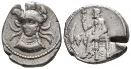 CILICIA, Soloi. Balakros. Satrap of Cilicia, 333-323 BC. AR Stater. 
Baal of Tarsos seated left, holding lotus-tipped scepter; grain ear and grapes to...