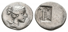 Lycia. Lycian League. Masikytes 48-27 BC. 1/4 Drachm AR
Draped bust of Artemis left, bow and quiver over shoulder / Λ - Y / M - A, quiver within; bran...