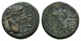CARIA. Antioch. Time of Augustus to Tiberius (27 BC-37 AD). Ae.
Obv: CEBACTOC.
Bare head (of Augustus or Tiberius) right.
Rev: ΠAIΩNIOY CYNAPXIA ANTIO...