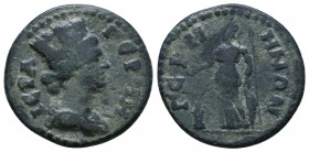 Mysia, Germe, 3rd century AD. Æ . Turreted and draped bust of Tyche r. R/ Athena standing l., holding phiale over altar, spear and shield set on groun...