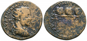 Roman Provincial
Cilicia. Tarsos . Valerian I AD 253-260.
Bronze Æ.
Radiate, draped and cuirassed bust right / Three prize crowns on inscribed table; ...