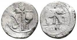 The Caesarians. Julius Caesar. April-August 49 BC. AR Denarius. 
Obv: Military mint traveling with Caesar. Elephant walking right, trampling on horned...