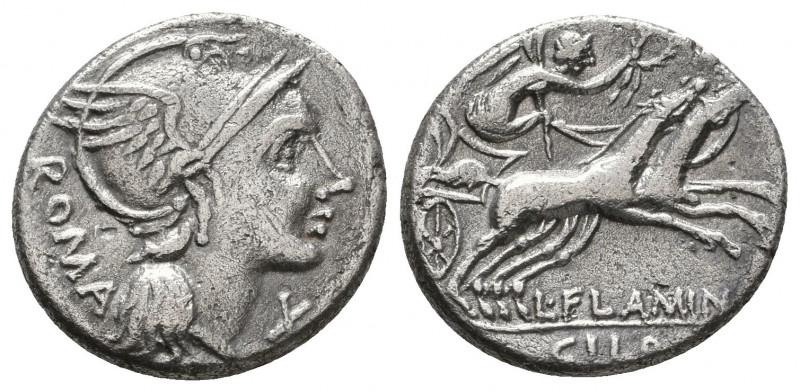 L. Flaminius Chilo. 109-108 BC. AR Denarius. Rome mint. Helmeted head of Roma ri...