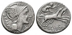 L. Flaminius Chilo. 109-108 BC. AR Denarius. Rome mint. Helmeted head of Roma right; X (mark of value) below chin / Victory driving galloping biga rig...