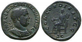 Balbinus. AD 238. Æ Sestertius. Rome mint. 1st emission. 
Laureate, draped, and cuirassed bust right 
Concordia seated left on throne, holding patera ...