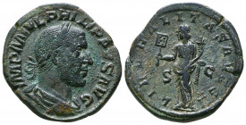 Philip I. AD 244-249. Æ Sestertius. Rome mint, 5th officina. 4th emission, AD 245. Laureate, draped, and cuirassed bust right / Liberalitas standing l...