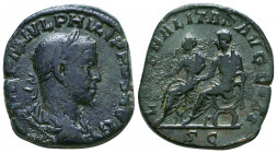 Roman Empire Sestertius 247 - 249 AD, Philip II
RIC 230v (Philip I); Obv: IMPMIVLPHILIPPVSAVG - Laureate, draped bust right. Rev: LIBERALITASAVGIII Ex...