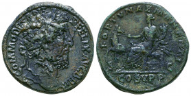 Commodus. AD 177-192. Æ Sestertius. Struck AD 186-189. Laureate head right / FORTVNAE MAN[ENTI] COS V PP, Fortuna seated left, holding horse by the br...