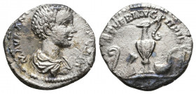 Caracalla. As Caesar, AD 196-198. AR Denarius. Rome mint. Struck AD 196-197. Bareheaded, draped, and cuirassed bust right / Priestly implements: lituu...