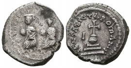 Heraclius. (610-641 AD). Silver hexagram . Constantinople, 
c. 615 AD. dd NN hERACLIUS ET hERA CONST PP A, Heraclius, with short 
beard, on left and H...