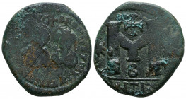 Justin I and Justinian I AD 527. Antiochia
Follis or 40 Nummi Æ
+ D N D N IVSTINVS ЄT IVSTINIA[NVS P P AV], diademed, draped, nimbate and cuirassed bu...