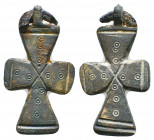 Byzantine Bronze Cross Pendant , Circa 6th - 9th century AD.

Weight: 9.2 gr
Diameter: 41 mm