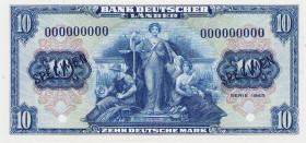 Bundesrepublik Deutschland
Bank deutscher Länder 1948-1949 10 DM 22.8.1949. Mit 2-fachem Aufdruck "SPECIMEN", Serie 000000000. 2 Entwertungslochungen...