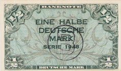 Bundesrepublik Deutschland
Bank deutscher Länder 1948-1949 1/2 DM 1948. 1x mit und 1x ohne B-Stempel Ro. 230, 231 2 Stück. I