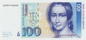 Bundesrepublik Deutschland
Deutsche Bundesbank 1960-1999 100 DM 1.8.1991. Austauschnote. Serie ZA / D Ro. 300 b In dieser Erhaltung selten. I