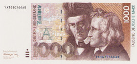 Bundesrepublik Deutschland
Deutsche Bundesbank 1960-1999 1000 DM 1.8.1991. Austauschnote. Serie YA / A Ro. 302 b I-