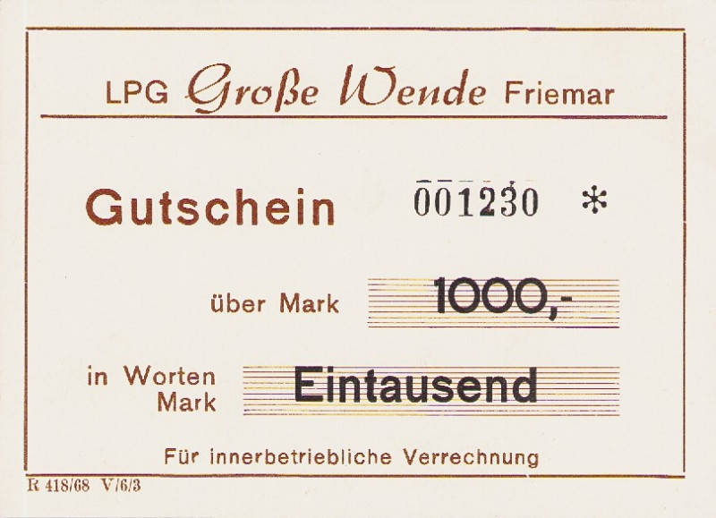 Deutsche Demokratische Republik
LPG-Geld 1000 Mark o.J. Friemar - LPG "Große We...