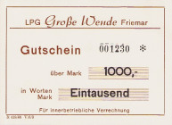 Deutsche Demokratische Republik
LPG-Geld 1000 Mark o.J. Friemar - LPG "Große Wende". Dazu; Aluminiummarken zu 0,50, 1 und 2 Mark Lindmann/Strunz F004...