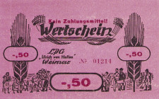 Deutsche Demokratische Republik
LPG-Geld 50 Pfennig, 1, 5, 20 und 50 ohne Wertbezeichnung o.D. Weimar - LPG "Ulrich von Hutten". Ohne Stempel, mit 4-...