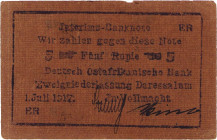 Geldscheine der deutschen Kolonien
Deutsch-Ostafrika, Deutsch-Ostafrikanische Bank, "Buschnoten" 1917 5 Rupien 1.7.1917. Ro. 937 c Kleine Fehlstellen...