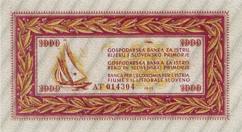 Ausland
Jugoslawien 1, 5, 10, 20, 50, 100, 500 und 1000 Lire 1945 Bank für Istr...
