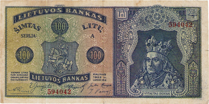 Ausland
Litauen 100 Litu 16.11.1922. WPM 20 a Sehr selten. III