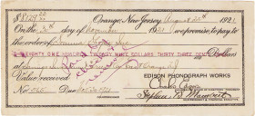 Ausland
Vereinigte Staaten von Amerika Scheck über 8129,33 Dollars der EDISON PHONOGRAPH WORKS vom 25.8.1921 mit Originalunterschrift von Charles Edi...
