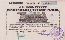 Städte und Gemeinden
Jungenthal (NRW) 100 000 Mark 20.8.1923. Arn. Jung, Lokomotivfabrik G.m.b.H. Serie B, mit Stempel Bürgermeisteramt Kirchen Ke. 2...