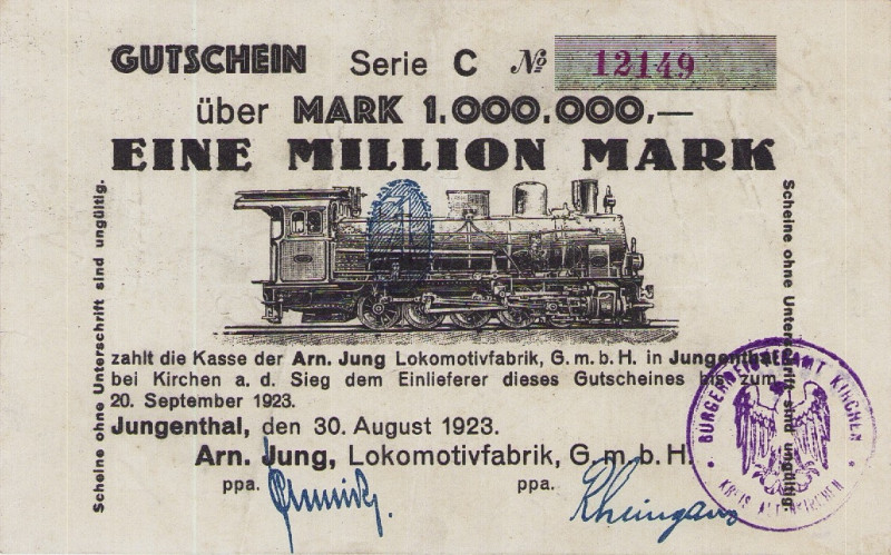 Städte und Gemeinden
Jungenthal (NRW) 1 Million Mark 30.8.1923. Arn. Jung, Loko...