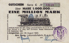 Städte und Gemeinden
Jungenthal (NRW) 1 Million Mark 30.8.1923. Arn. Jung, Lokomotivfabrik G.m.b.H. Serie C, mit Stempel Bürgermeisteramt Kirchen Ke....
