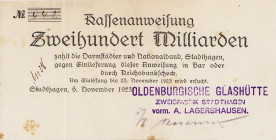 Städte und Gemeinden
Stadthagen (N-S) 1 Million Mark 11.8.1923 und 200 Milliarden Mark 6.11.1923 Oldenburgische Glashütte, Zweigfabrik Stadthagen Ke....