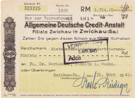 Schecks
Zwickau (Sa.) ADCA - Scheck Schirmer, Richter & Co, Fährbrücke, v. 15.2.1945. Scheck Ferd. Uhlmann Mühlenwerke vom 20.2.1945m Emil Bachmann, ...