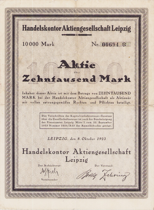 Deutschland
Leipzig, Handelskontor AG Aktie über 10000 Mark 8.10.1923. Bei Supp...