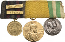 Ordensspangen
Spange mit 5 Auszeichnungen Preußen - Kriegsdenkmünze 1870/71 mit den Spangen "WEISSENBURG" und "WÖRTH", Zentenarmedaille. Sachsen-Cobu...