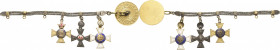 Miniaturen, Miniaturketten und Miniaturspangen
Knopflochspange mit 3 Auszeichnungen Preußen - Kronenorden, Kreuz 4. Klasse mit Genfer Kreuz. Roter Ad...
