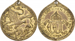 Orden des Deutschen Reiches
China-Denkmünze für Kämpfer Verliehen 1901. Kriegsmetall vergoldet. 33 mm. 14,2 g OEK 3150 Sehr schön