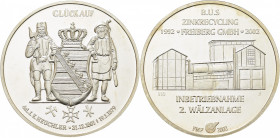 Ausbeute, Bergbau, Hüttenwesen
 Silbermedaille 2002 (Schmalfuss) 200 Jahre Johann Eduard Heuchler und 10 Jahre B.U.S. Freiberg. 2 Bergmänner neben Wa...