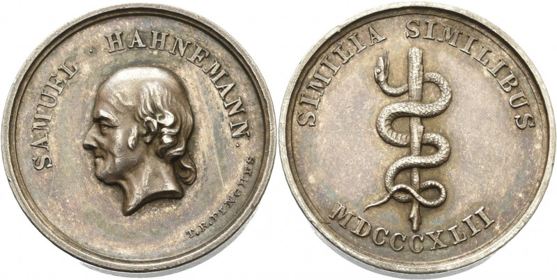 Medicina in nummis
 Silbermedaille 1842 (T. Pinches) Auf den Begründer der Homö...