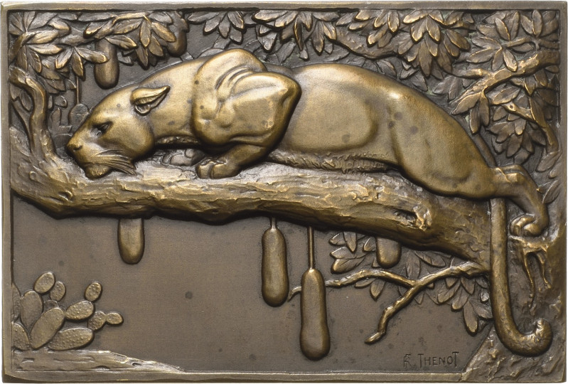 Thénot, François 1893-1963 Einseitige Bronzeplakette o.J. (1920). Leopard. Leopa...