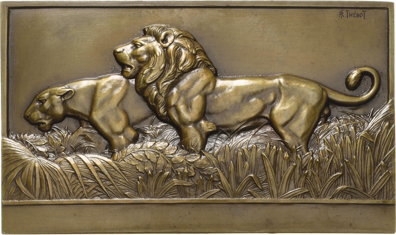 Thénot, François 1893-1963 Einseitige Bronzeplakette o.J. (1920). Löwen. Löwenpa...