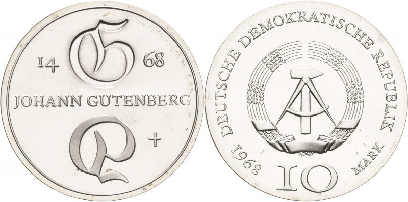 Gedenkmünzen
 10 Mark 1968. Gutenberg Jaeger 1523 Stempelglanz/fast Stempelglan...