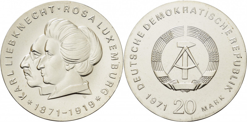 Gedenkmünzen
 20 Mark 1971. Liebknecht/Luxemburg Jaeger 1533 Avers kl. Schrötli...
