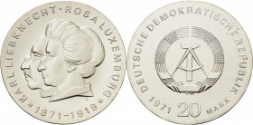 Gedenkmünzen
 20 Mark 1971. Liebknecht/Luxemburg Jaeger 1533 Avers kl. Schrötlingsfehler, fast Stempelglanz
