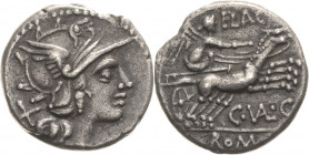 Römische Republik
C. Valerius C.f. Flaccus 140 v. Chr Denar Kopf der Roma mit geflügeltem Greifenhelm nach rechts, dahinter Wertzeichen X. / Victoria...
