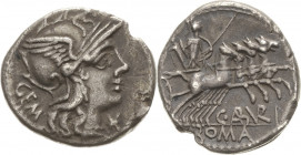 Römische Republik
C. Aburius Geminus 134 v. Chr Denar Kopf der Roma mit geflügeltem Greifenhelm nach rechts, davor Wertzeichen, FLAC / Mars mit Tropa...