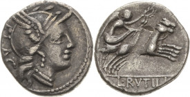 Römische Republik
L. Rutilius Flaccus 77 v. Chr Denar Romakopf mit Flügelhelm nach rechts, FLAC / Victoria mit Kranz in Biga nach rechts, darunter L ...